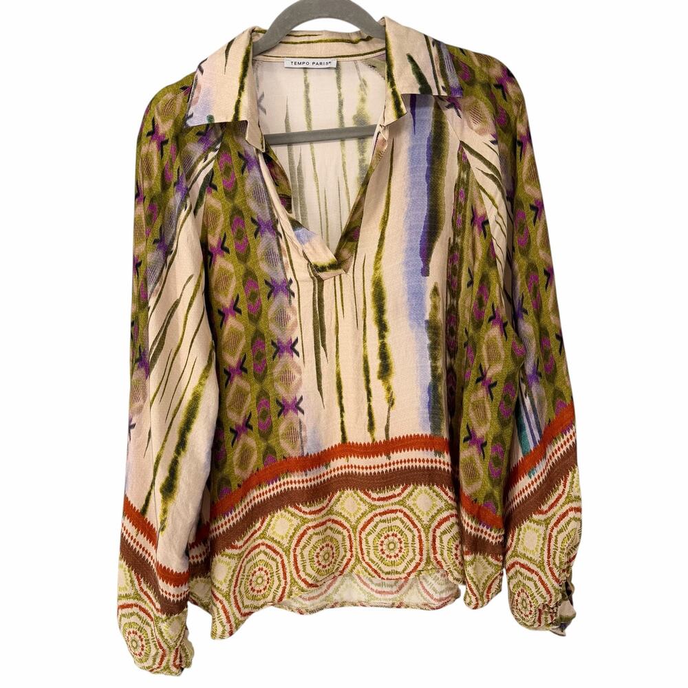 Tempo Paris Mixed Print Long Sleeve Boho Silk Blend Blouse Large